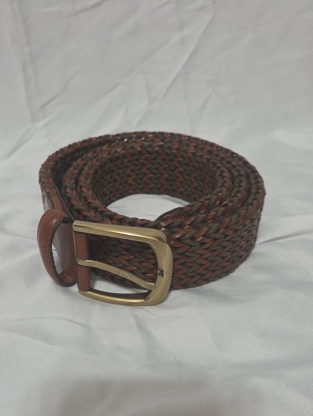 Woven Leather Belt with Brass Buckle in Dark Brown, Adjustable 30-38 Inch Waiat